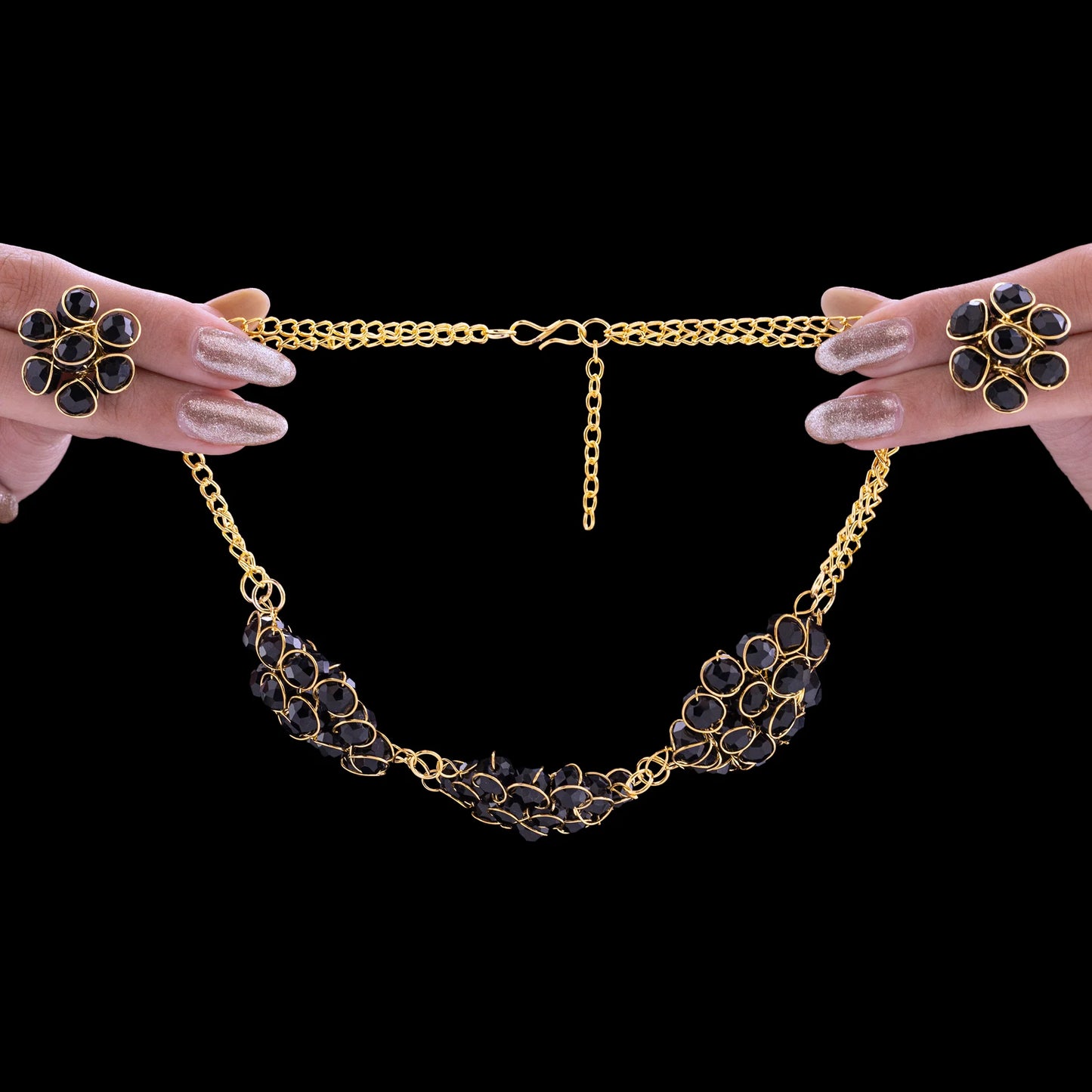 Maison Kystria Stunning Black Crystal Beads Gold Choker Necklace Set With Earrings
