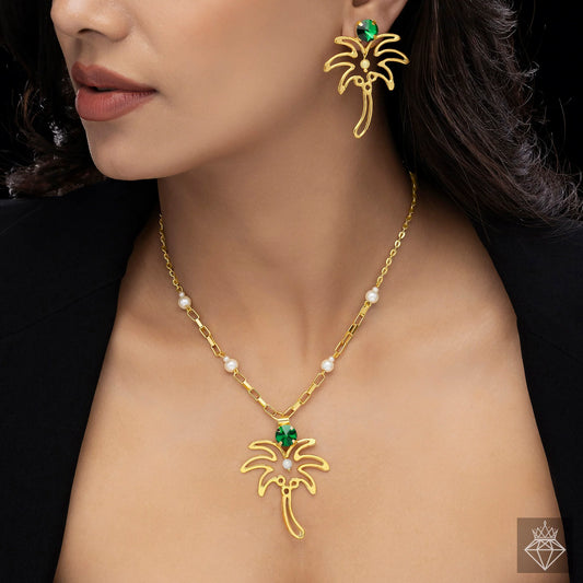 Coming Soon Maison Kystria Anti-Tarnish Palm Tree Necklace Set With Earrings